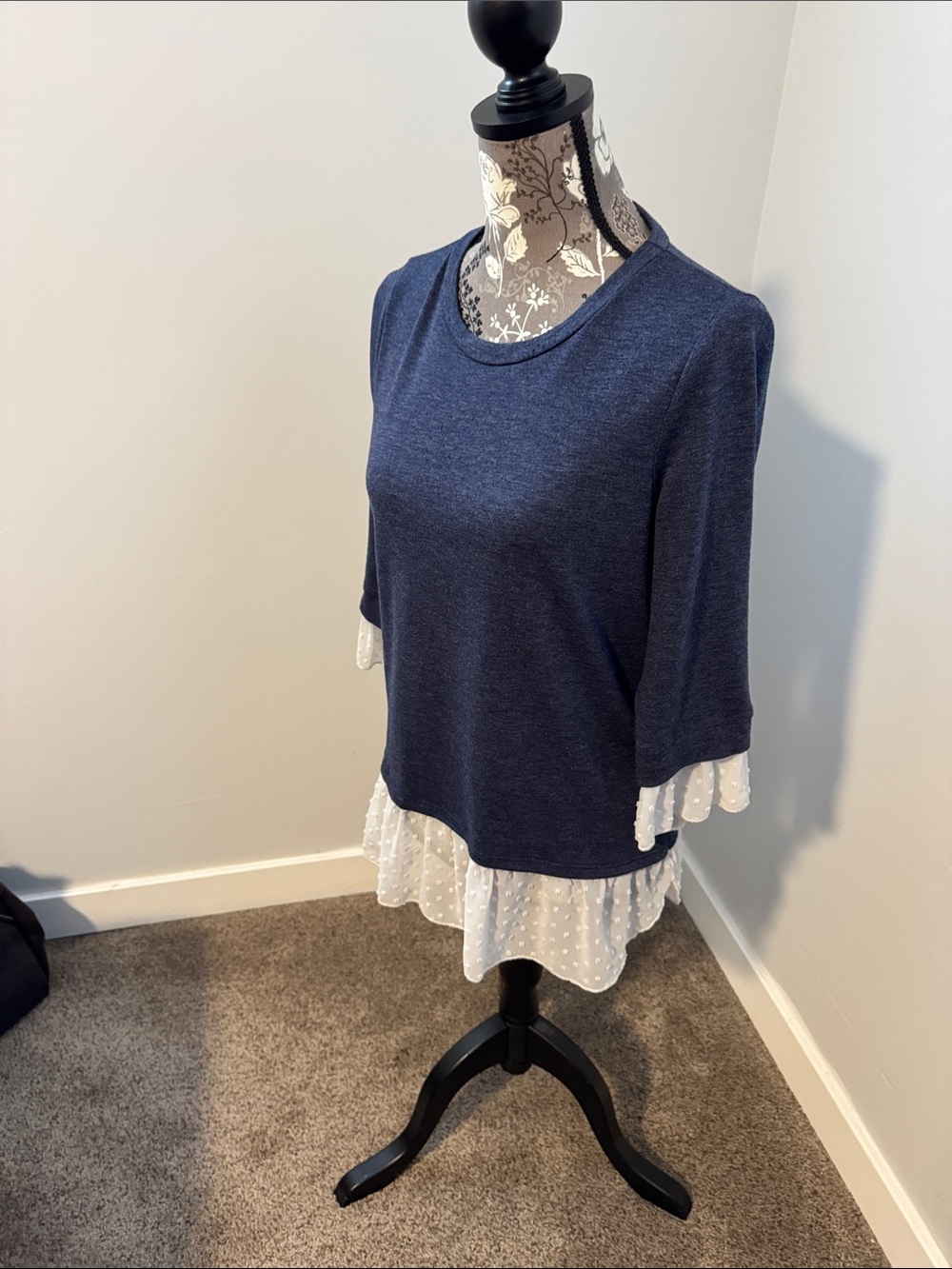 DownEast Navy Knit Top with White Polka-Dot Ruffle